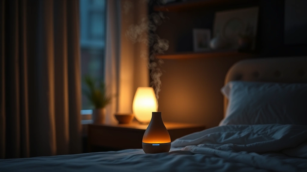 fragrance oil diffuser - 
Fragrance oil diffuser running in minimalist bedroom at night with soft lightin