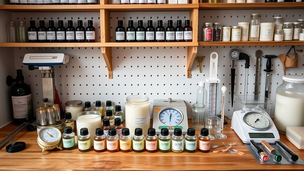 fragrance oil for candles - 
Professional candle studio setup with fragrance oils, scales, thermometers, and