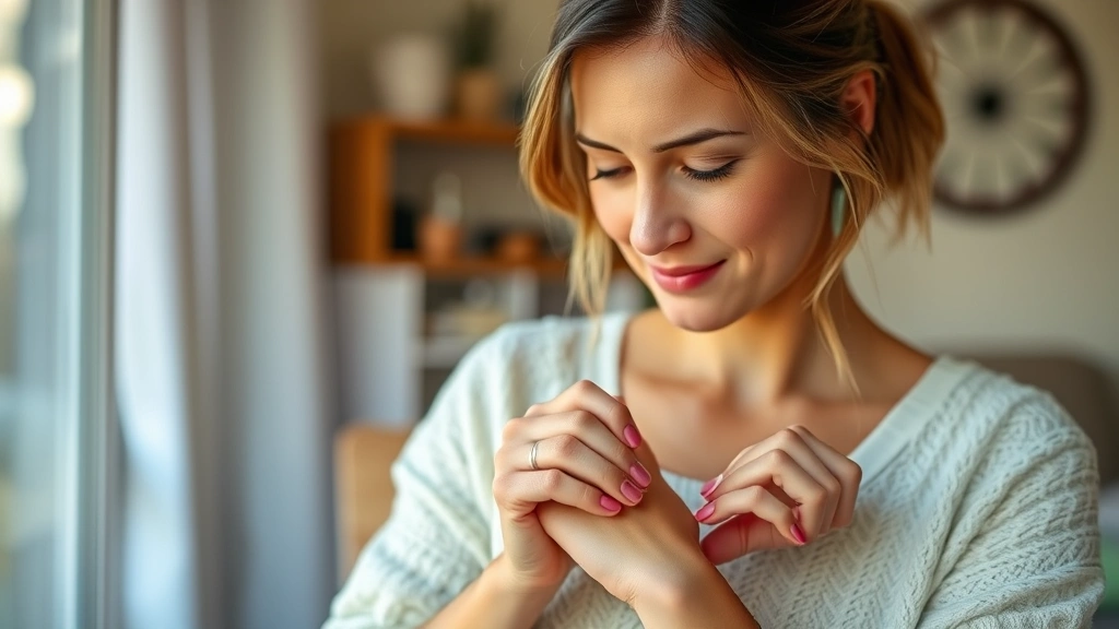 fragrance orange blossom - 
Woman applying fragrance to wrist with serene expression, warm indoor lighting,