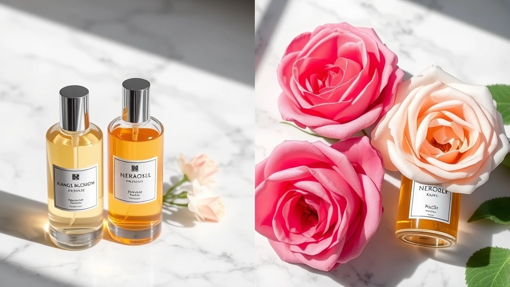 fragrance orange blossom - 
Split-screen comparison showing orange blossom fragrance bottle next to neroli 