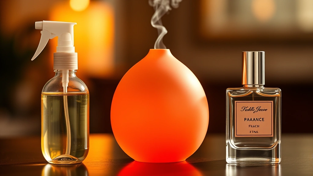 fragrance peach - 
Comparison grid showing fragrance peach spray bottle, diffuser, and personal fr