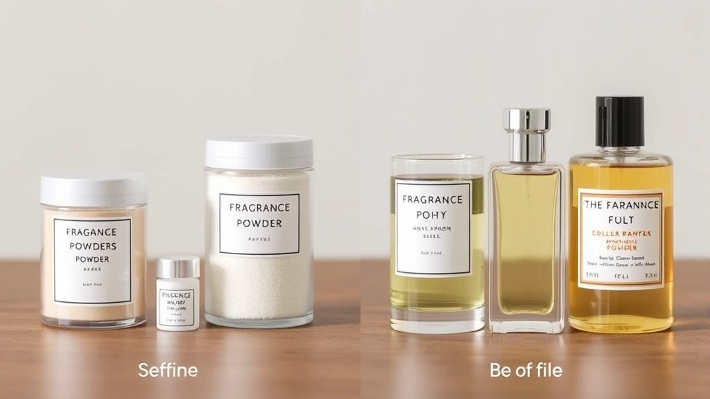 fragrance powder - 
Side-by-side comparison of fragrance powder containers next to perfume bottles,