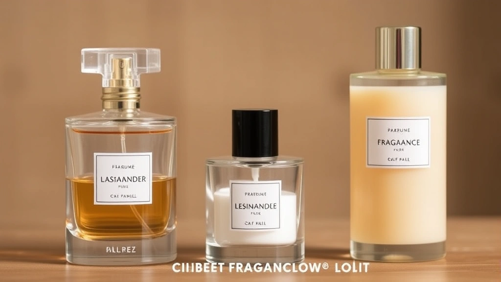 fragrance powder - 
Layered fragrance setup showing perfume bottle, fragrance powder, and scented l
