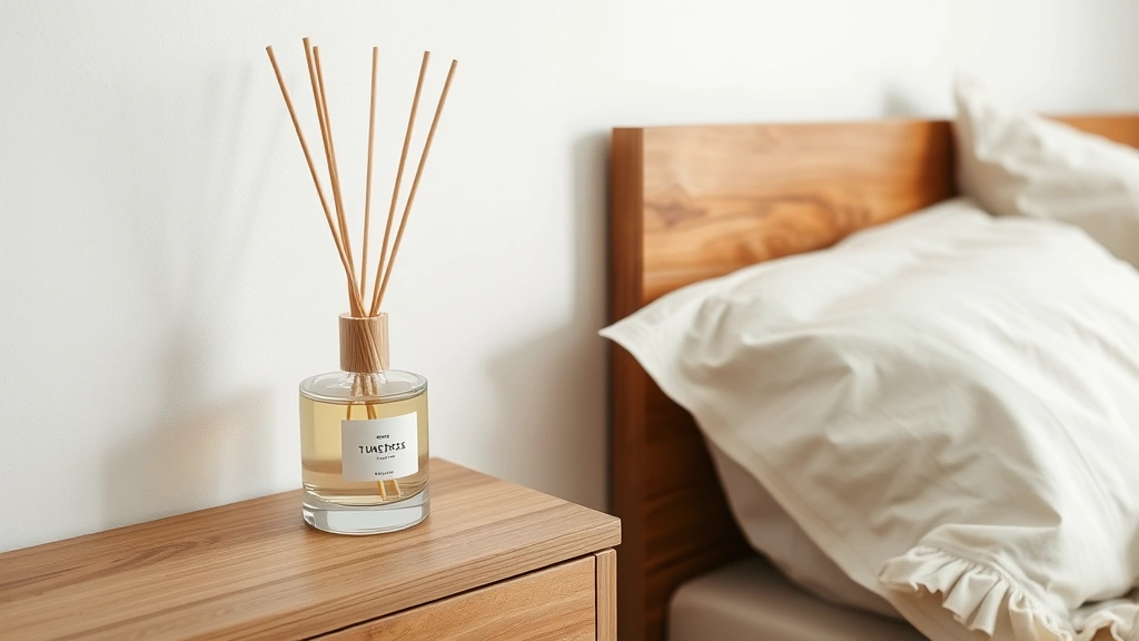 fragrance tuberose - 
Minimalist interior scene showing a reed diffuser with tuberose fragrance on a 