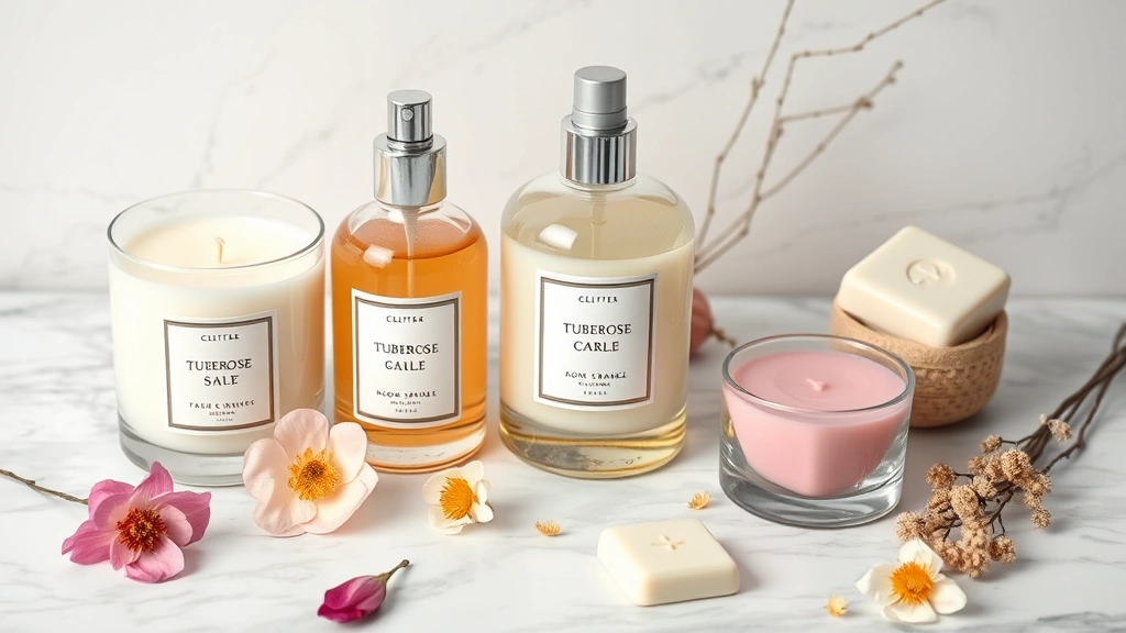 fragrance tuberose - 
Luxury home fragrance products arranged aesthetically: tuberose candle, room sp