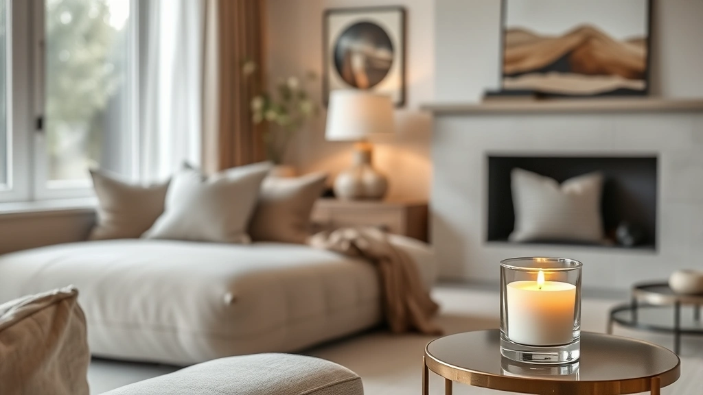 fragrance tuberose - 
Modern living room with neutral tones where a tuberose-scented candle burns on 