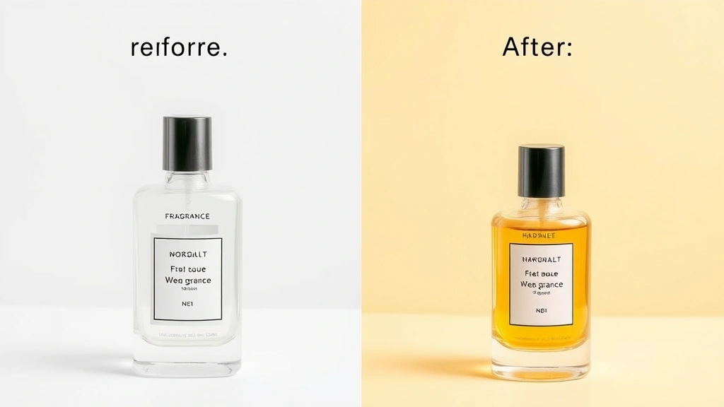 fragrance world after effect - 
Before-and-after style comparison showing fragrance bottle with mood chart—left