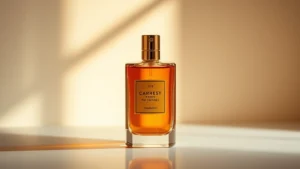 fragrances 212 - Luxury fragrance bottle with warm amber and golden light, elegant minimalist sty