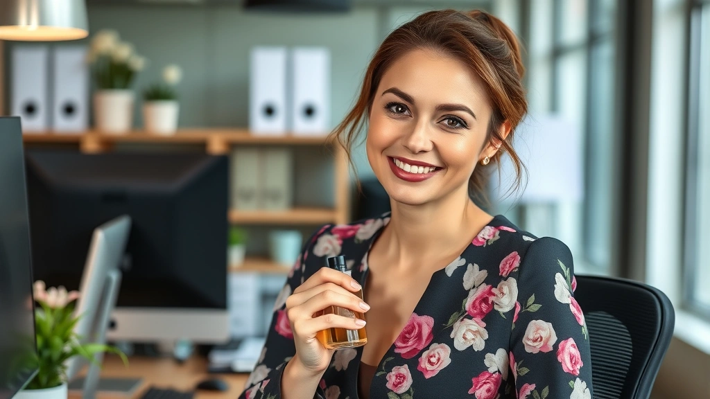 fresh floral fragrance - 
Professional woman at office desk wearing fresh floral fragrance with subtle sm