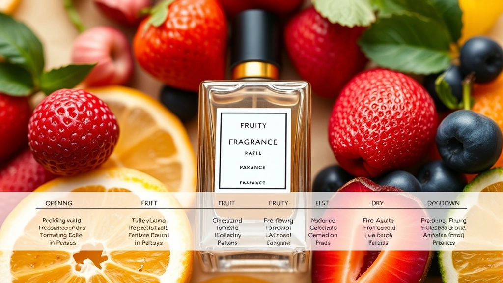 fruity fragrances - 
Close-up of a perfume bottle surrounded by fruit elements and fragrance notes, 