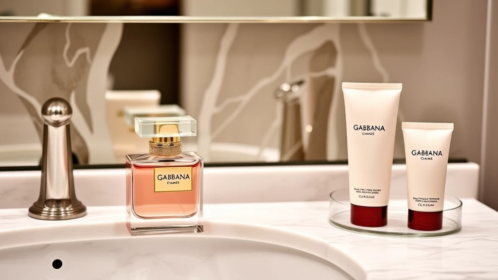 gabbana fragrance - 
Luxurious bathroom vanity setup with Gabbana fragrance, matching lotion, and sk