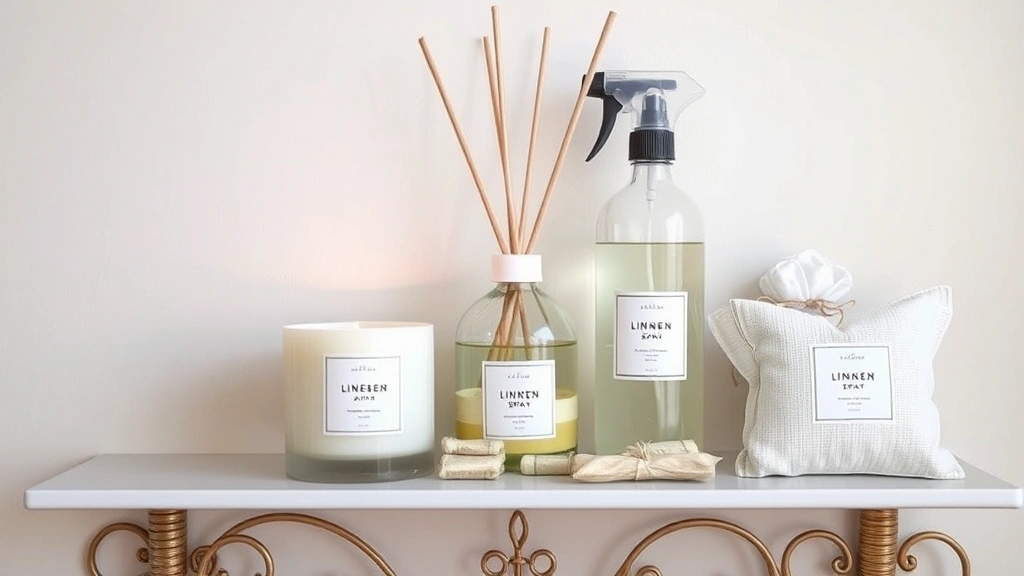 gardenia fragrance - 
Layered home fragrance setup showing candle, diffuser, linen spray, and sachets