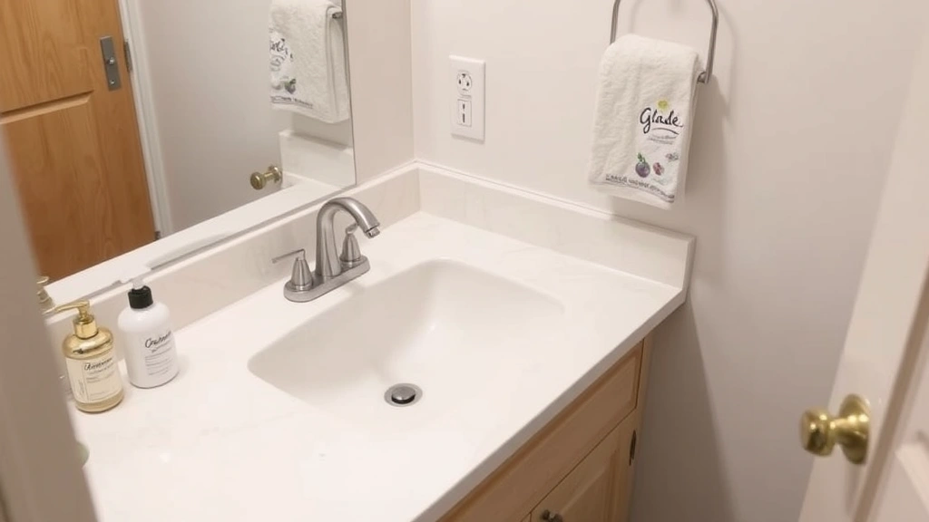 glade fragrance plug in - 
Bathroom vanity with a Glade plug-in positioned strategically, demonstrating pr