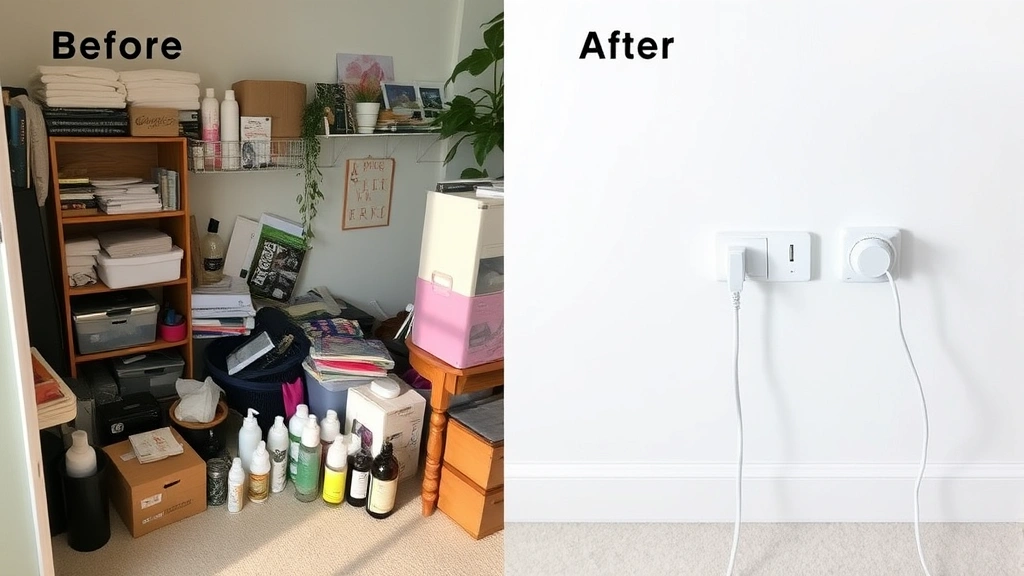 glade fragrance plug in - 
Before and after comparison showing a cluttered space with various fragrance pr