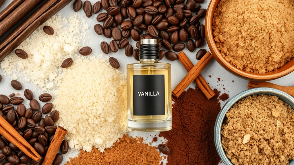 gourmand fragrances - 
Flat lay of dessert ingredients—vanilla beans, cocoa powder, cinnamon, brown su