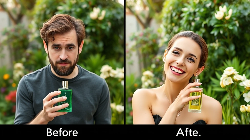 green fragrances -
Before and after mood comparison: person looking stressed holding green fragran