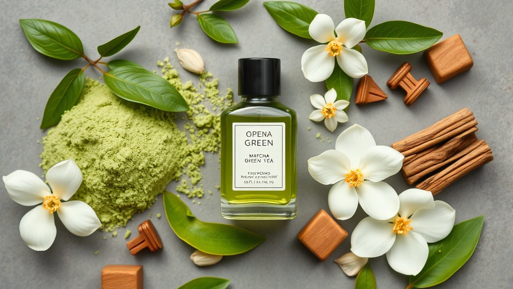 green tea fragrance -
Flat lay of green tea fragrance bottle surrounded by fresh matcha powder, jasmi