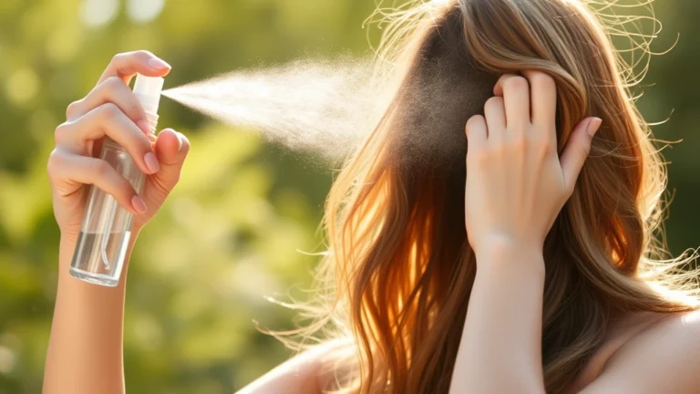 hair fragrance mist - Woman spraying hair fragrance mist from 6-8 inches away in natural sunlight, sho