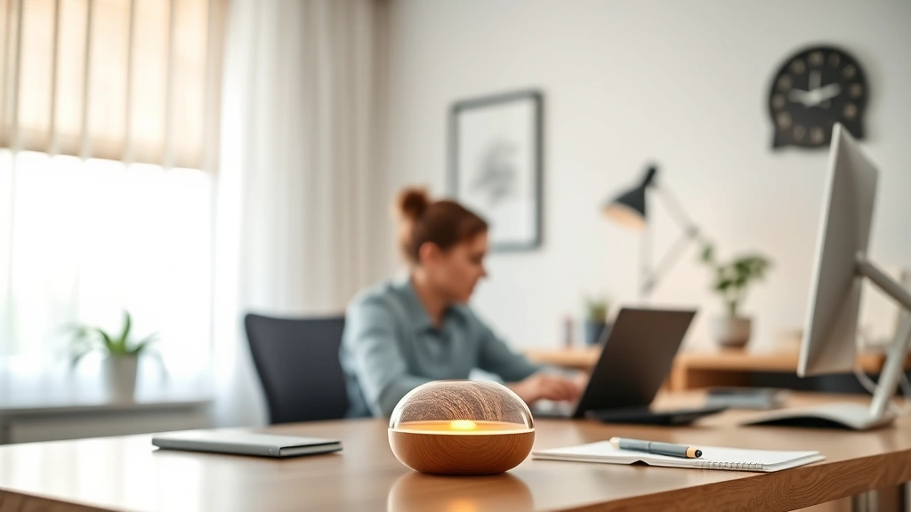 hinoki fragrance - 
Modern home office workspace with hinoki fragrance diffuser on desk, clean aest