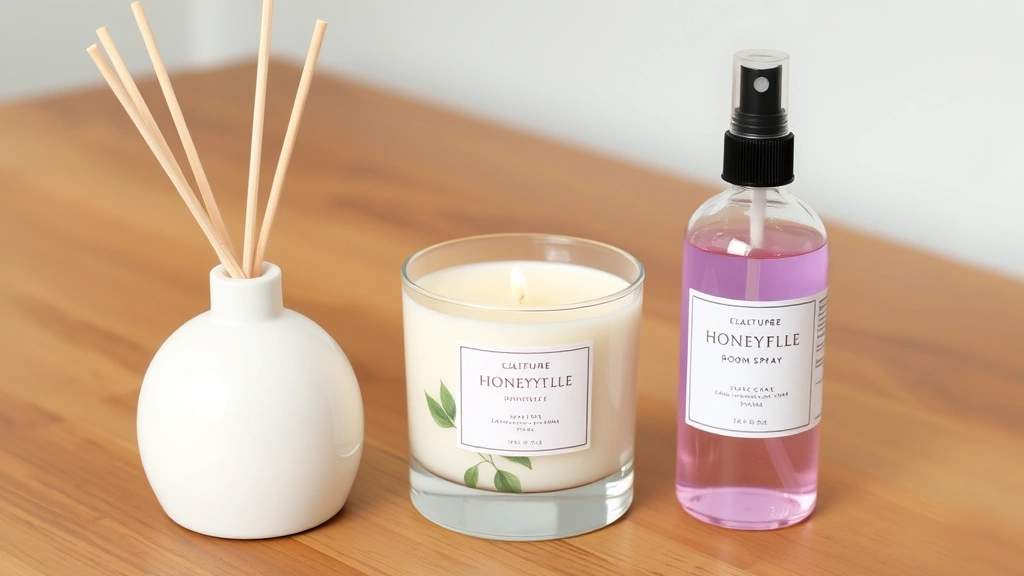 honeysuckle fragrance - 
Comparison shot of three honeysuckle fragrance products—diffuser, scented candl
