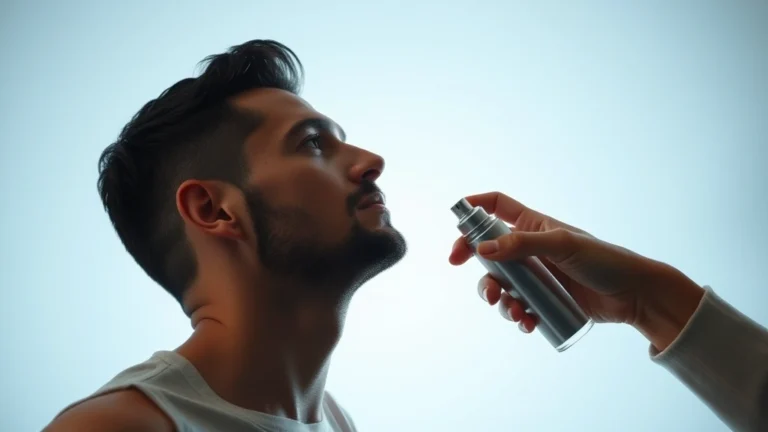 how to apply cologne - Man spraying cologne on neck pulse point from 6 inches away, professional lighti