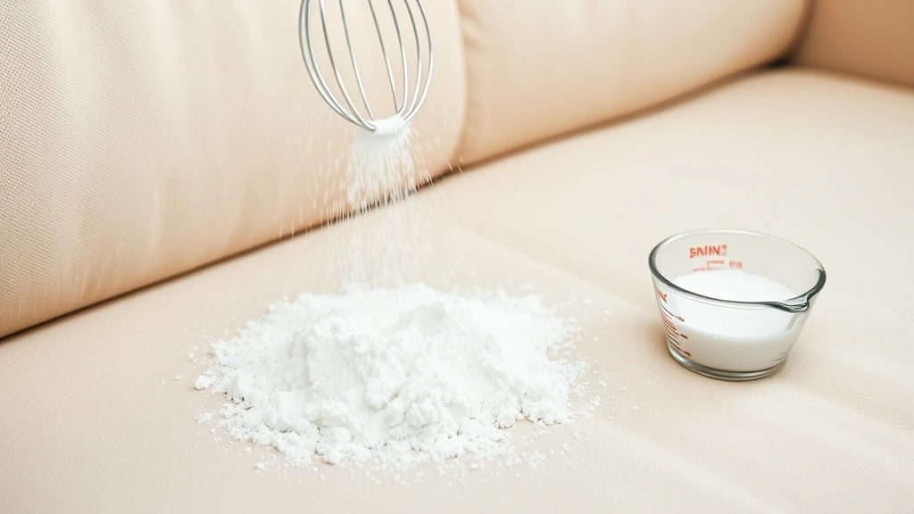 how to get rid of cologne smell - 
Close-up of baking soda being sprinkled generously on a cream-colored couch wit