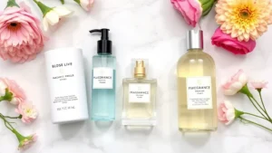 how to layer fragrances - Flat lay of fragrance layering products: body lotion, fragrance primer, perfume