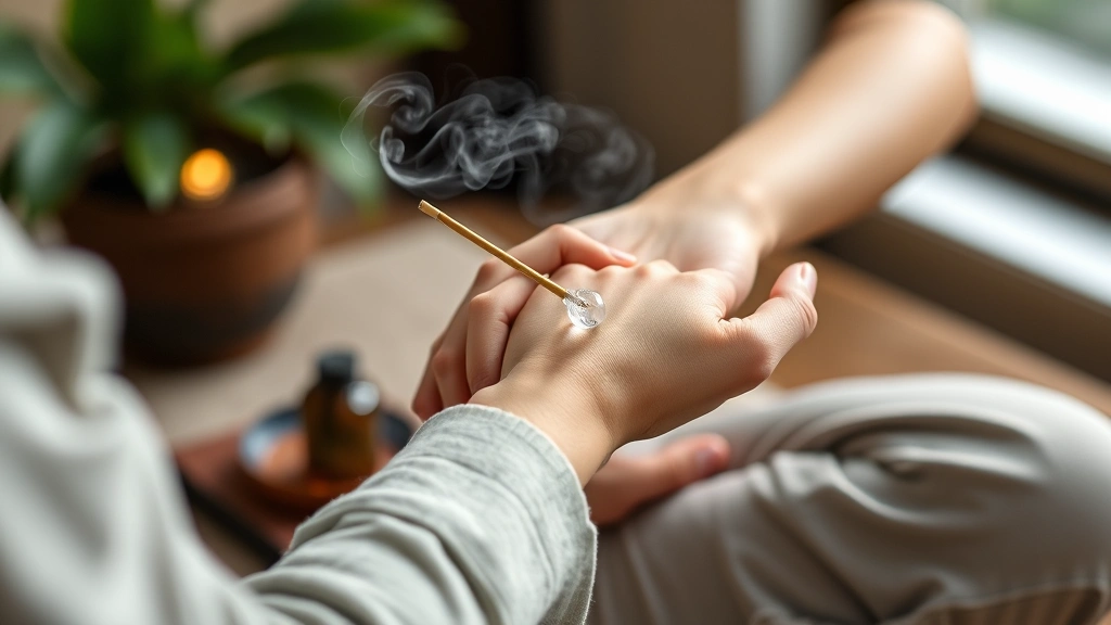 incense fragrance - 
Person applying incense fragrance to wrist during meditation or mindfulness pra