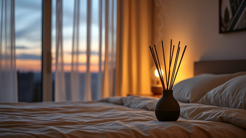 incense fragrance - 
Incense fragrance diffuser in a minimalist bedroom at dusk, warm glowing light,