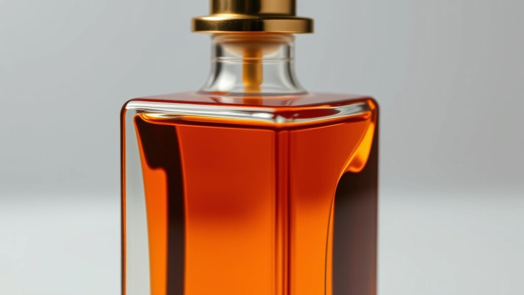 intense cologne - 
Close-up of high-end cologne bottle with rich amber liquid, showing luxury and 
