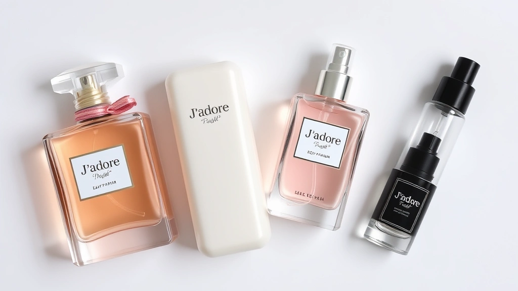 j'adore fragrance - 
Flatlay composition showing J’adore eau de parfum, body lotion, fragrance