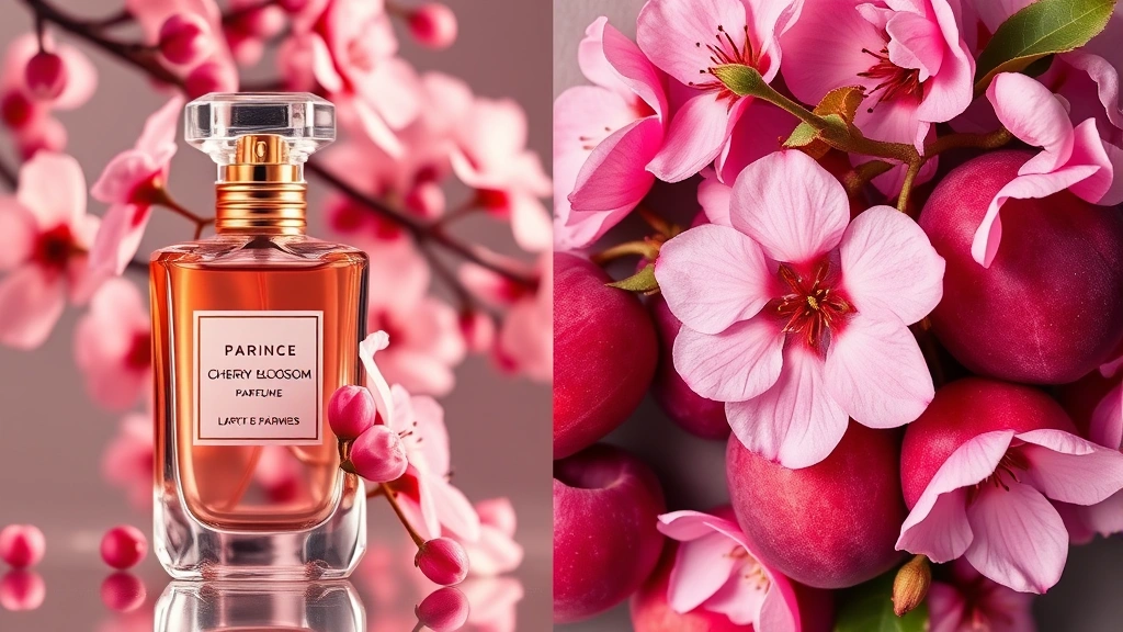 japanese cherry blossom fragrance - 
Split-screen image: left side shows a luxury perfume bottle with cherry blossom