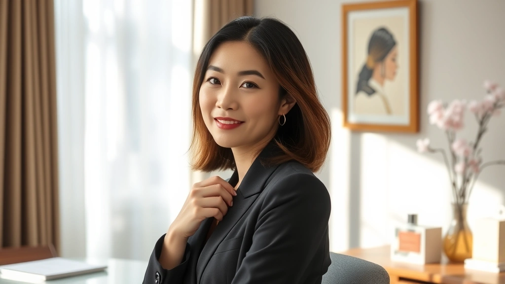 japanese cherry blossom fragrance - 
Woman wearing Japanese cherry blossom fragrance in an elegant office setting, n