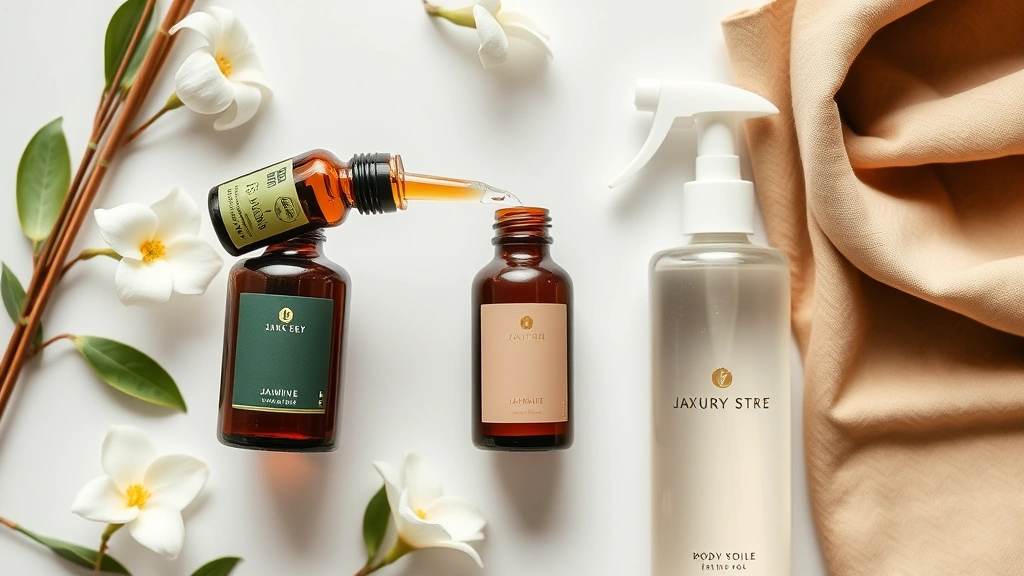 jasmine fragrance oil - 
Lifestyle flat lay showing jasmine oil being added to reed diffuser, luxury bod