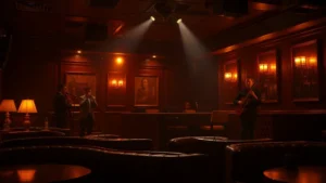 jazz club cologne - Moody jazz club interior with dim amber lighting, leather seating, and silhouett