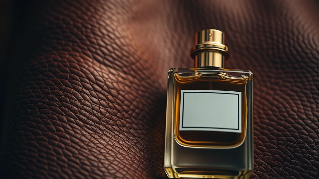 leather cologne - 
Close-up of leather texture and fragrance bottle together, rich warm tones, pro