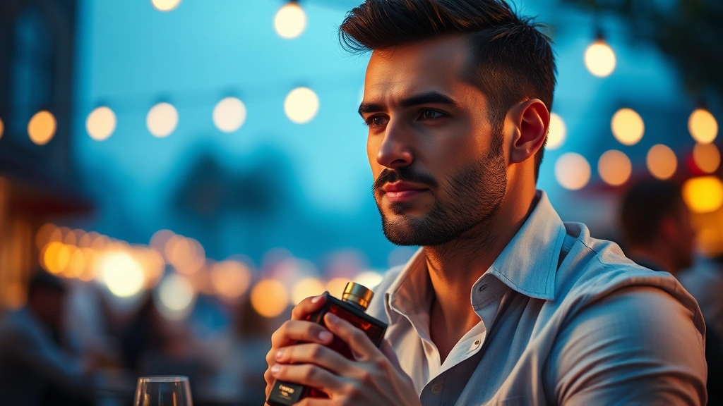 leather cologne - 
Man on a date or social setting wearing leather cologne, sophisticated casual s