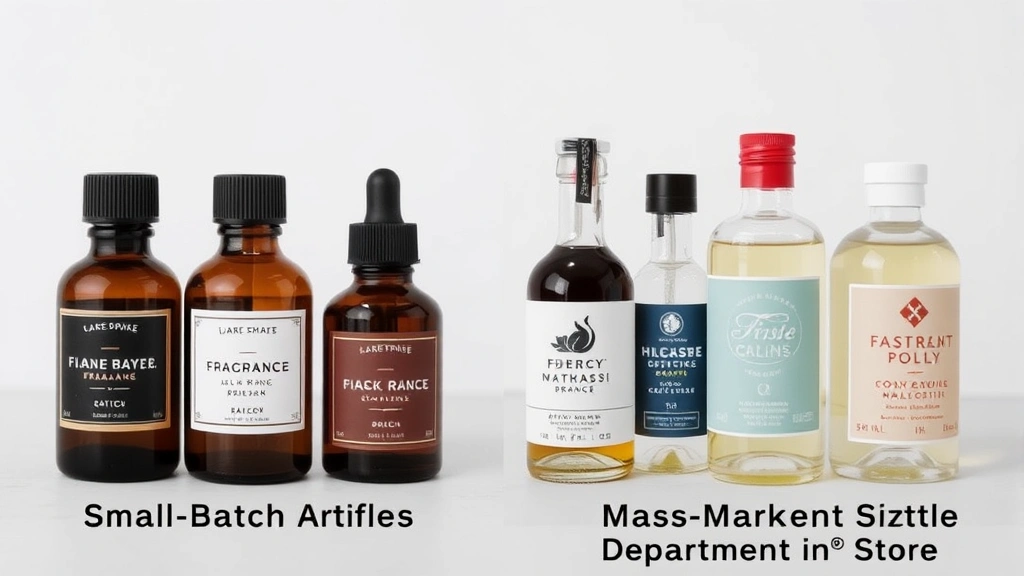 leather small batch cologne - 
Split-screen comparison showing small batch artisan fragrance bottles next to m