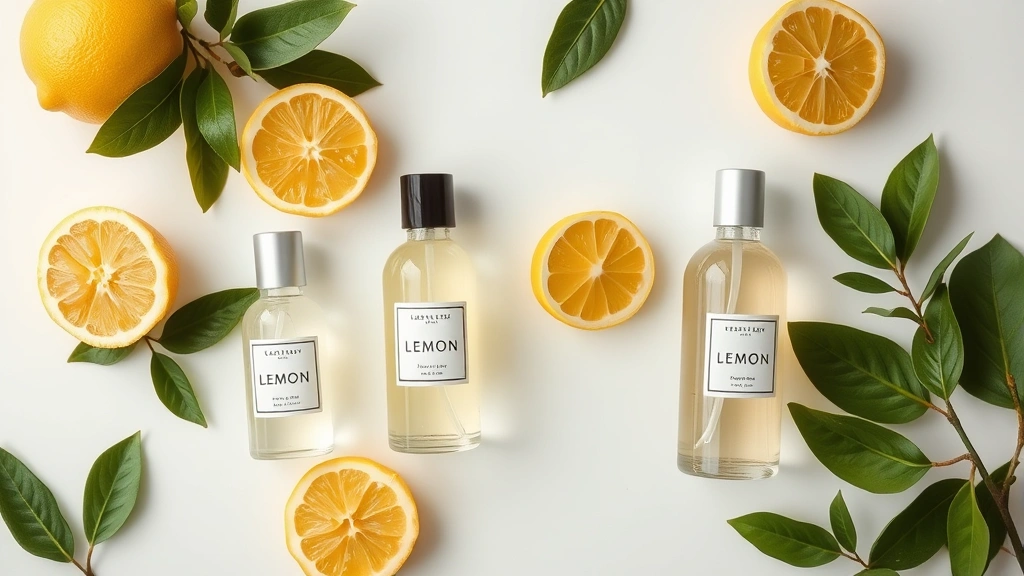 lemon fragrance - 
Flat lay of lemon fragrance bottles in minimalist setting with lemon halves, gr