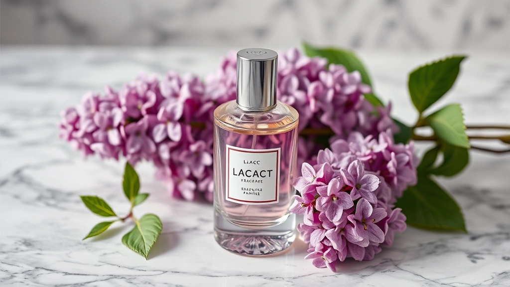 lilac fragrance perfume - 
Lilac fragrance perfume bottle displayed on marble surface with fresh lilac ste