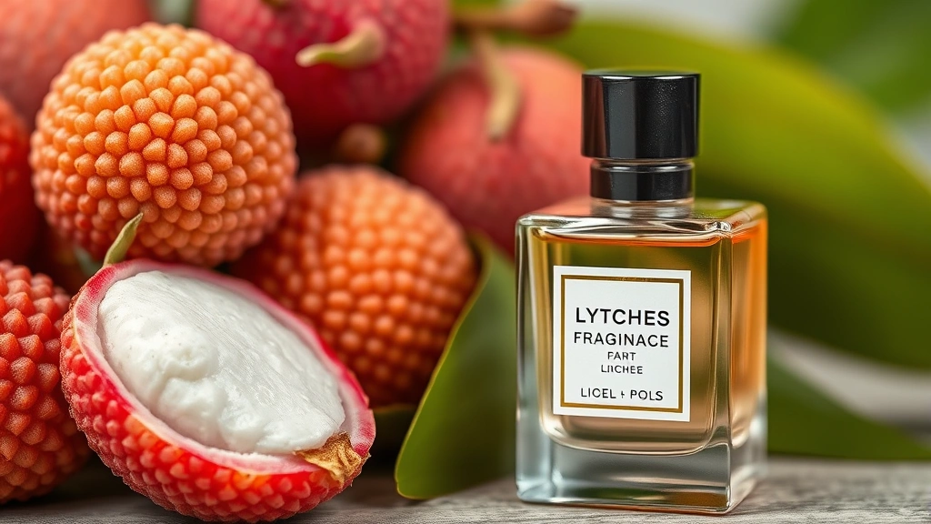 lychee fragrance - 
Close-up of fresh lychee fruits next to a luxury fragrance bottle showing the s