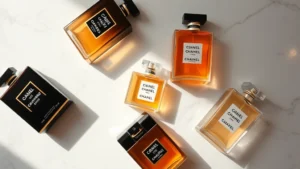 macy's fragrances chanel - Overhead flat lay of Chanel fragrance bottles at Macy's counter with soft natura