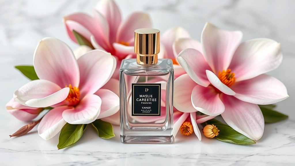 magnolia fragrance - 
Elegant fragrance bottle with magnolia flowers arranged around it on a marble s