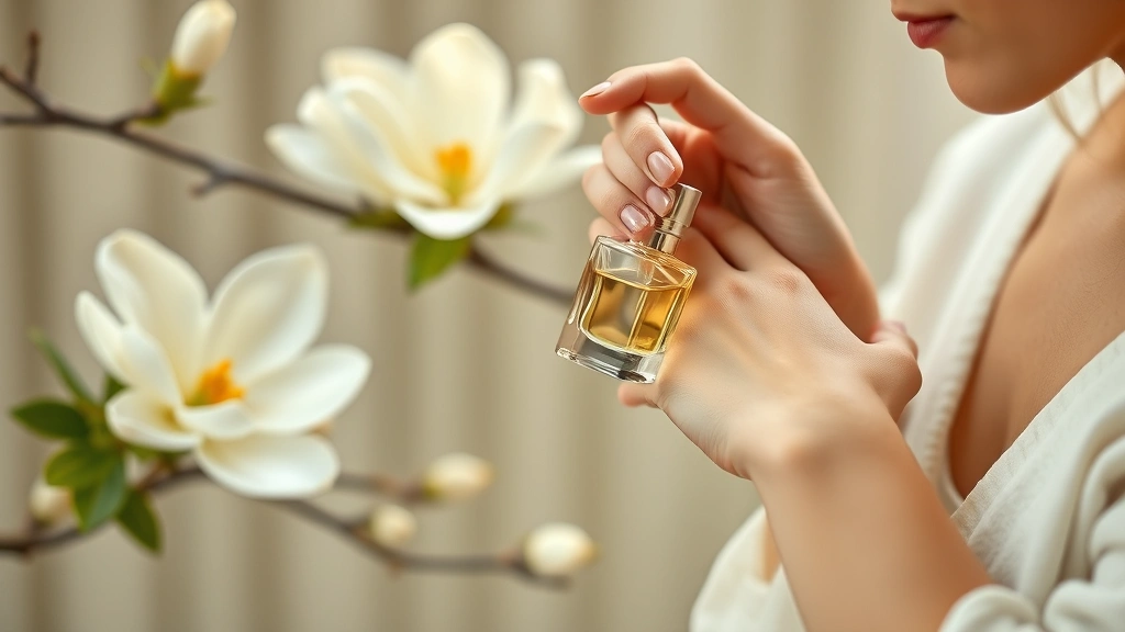 magnolia fragrance - 
Woman applying fragrance to wrist with magnolia flowers and natural spa-like ba