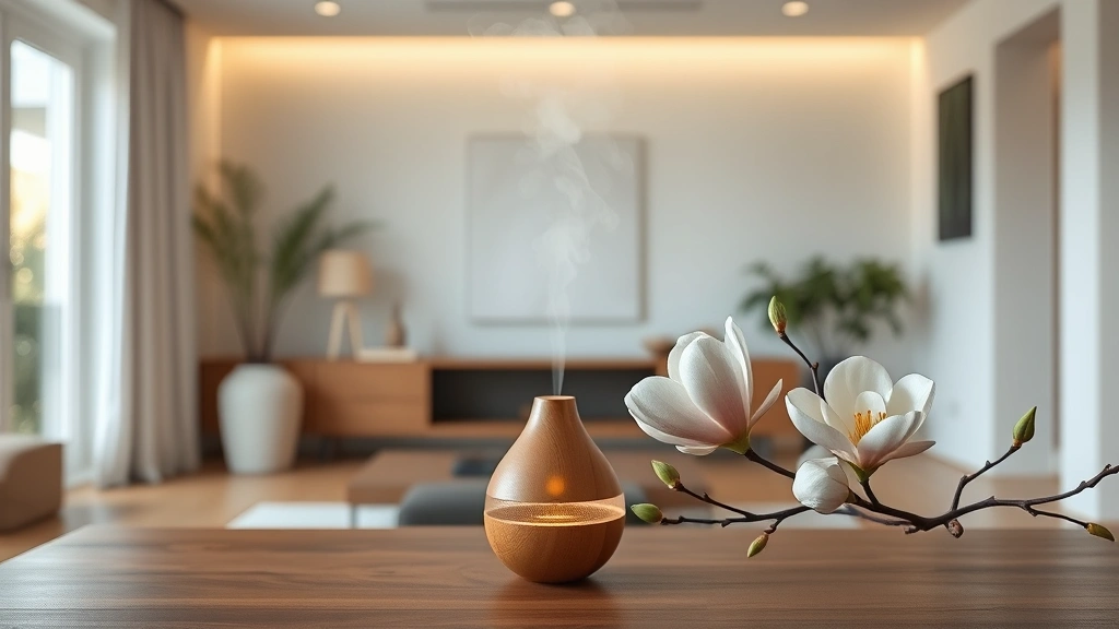 magnolia fragrance - 
Minimalist home interior with diffuser and magnolia flowers creating a calming 