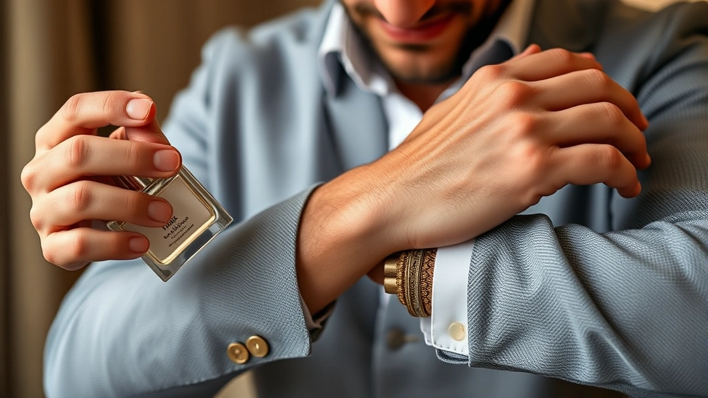 mahogany teakwood cologne - 
Man applying cologne to wrist pulse point with focus on proper technique and pl