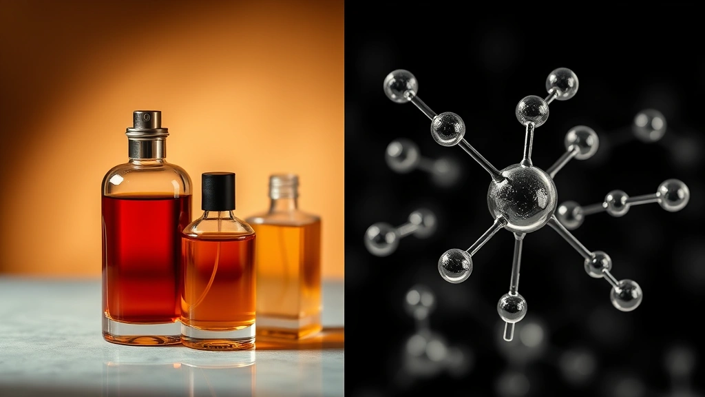 male fragrances with pheromones - 
Split-screen comparison showing fragrance bottles and molecular pheromone compo