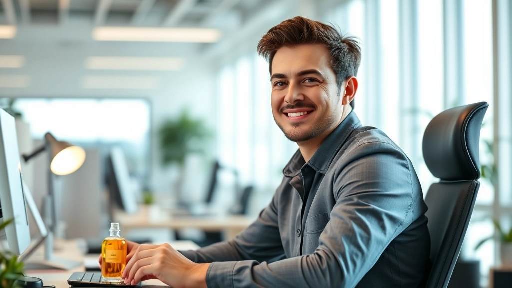 mango fragrance - 
Person wearing mango fragrance at their desk in a bright office, looking focuse