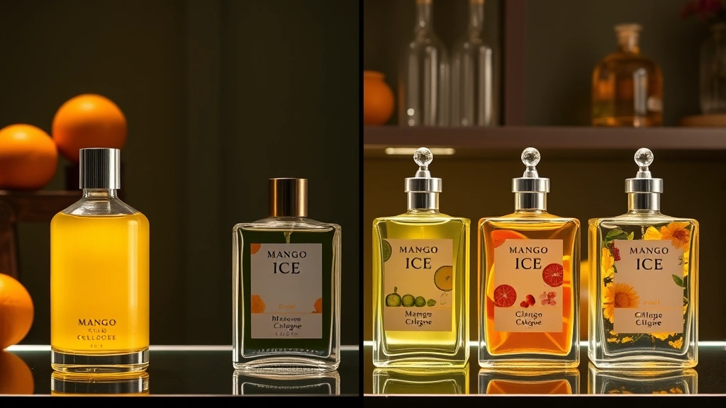 mango ice cologne - 
Split-screen comparison: mango ice cologne bottle next to similar citrus and fl
