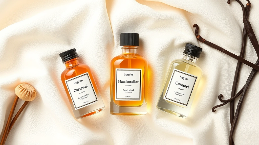 marshmallow fragrance - 
Flat lay arrangement of three complementary fragrance bottles with marshmallow 